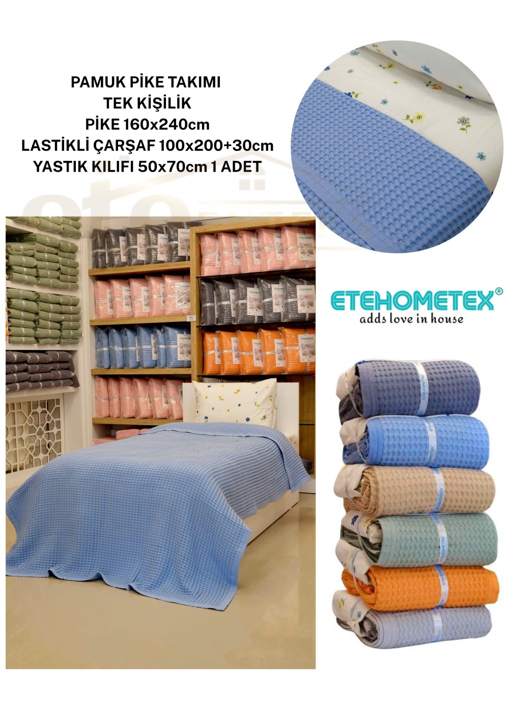 ETEHOMETEX HAVUZLU PİKE TAKIMI %100 PAMUK TEK KİŞİLİK MAVİ 8696474232087